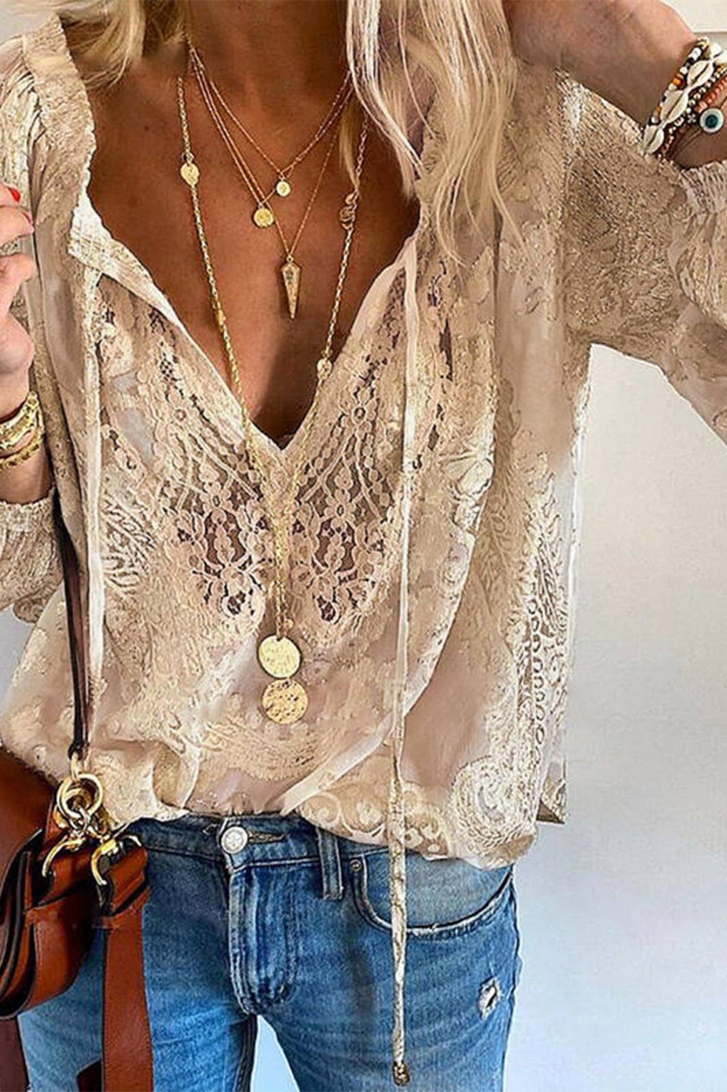 Lace Crochet V Neck Button Up Long Sleeve Blouse (S-2XL)