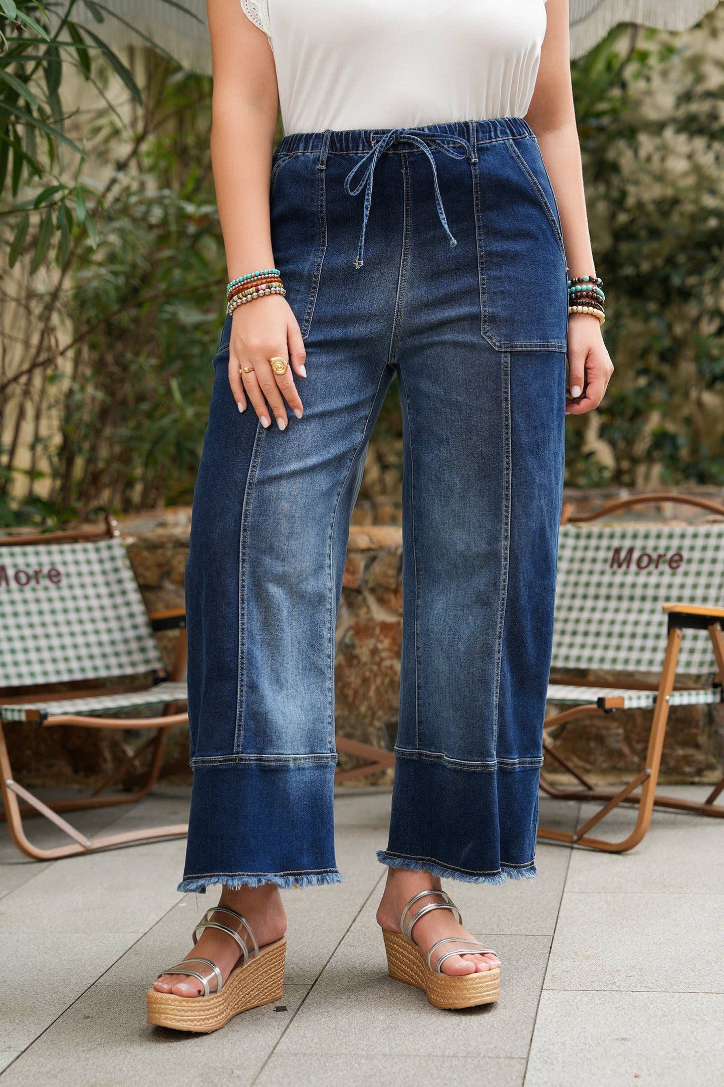 66 Drawstring Seam Detail Raw Hem Wide Leg Denim Pants