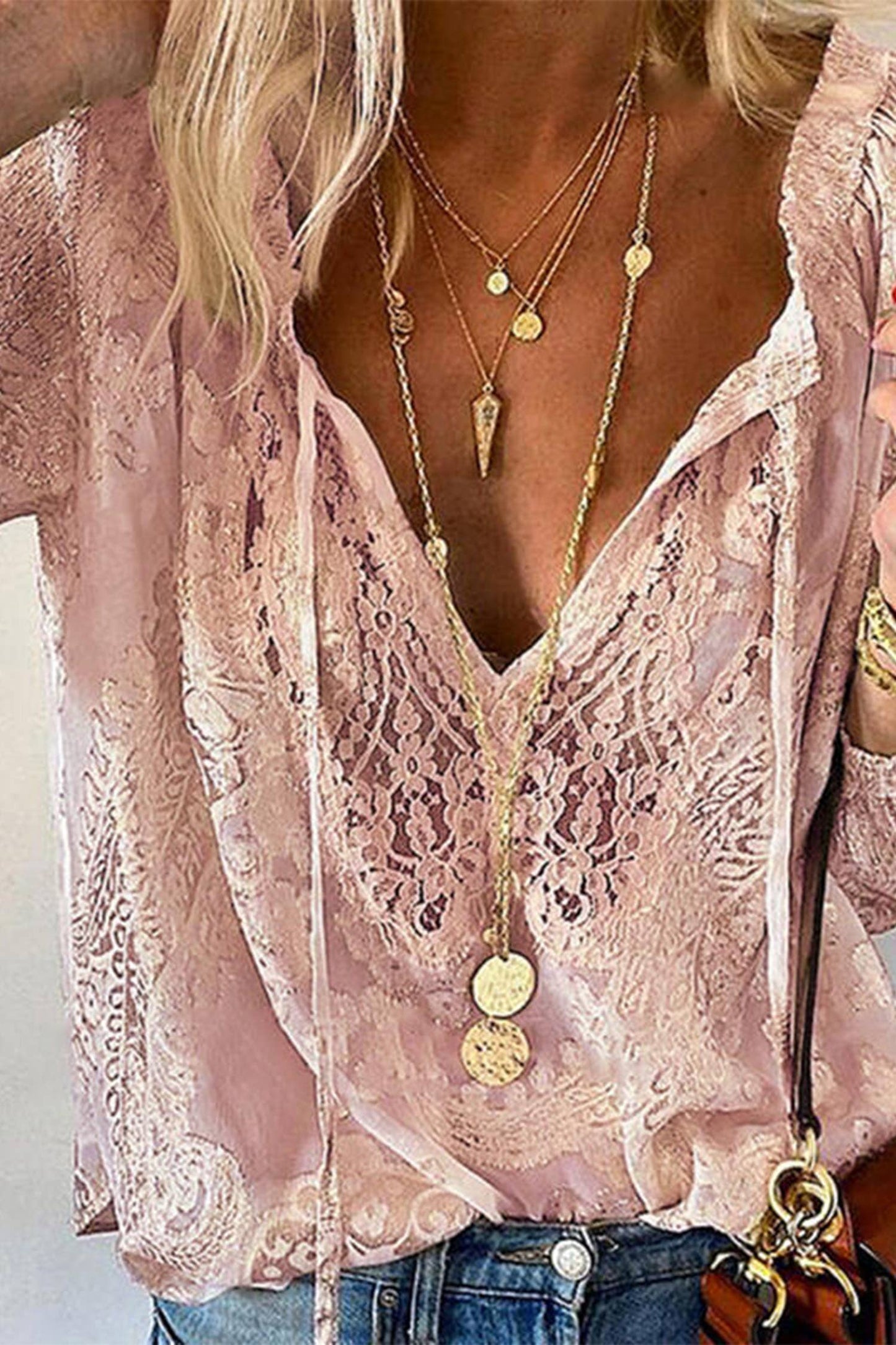 Lace Crochet V Neck Button Up Long Sleeve Blouse (S-2XL)