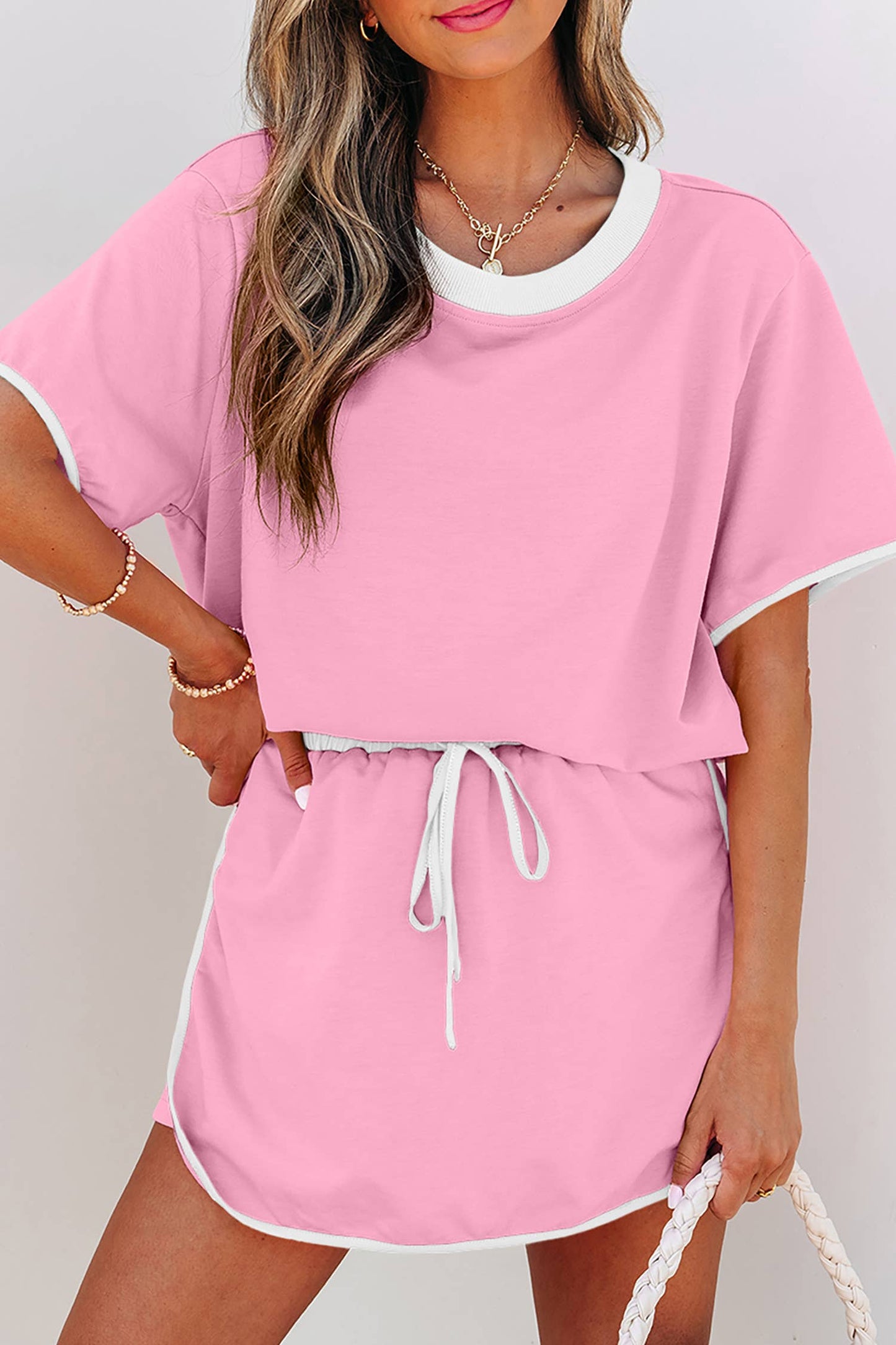 LDC Colorblock Edge Drop Shoulder T Shirt and Skirt 2Pcs Set