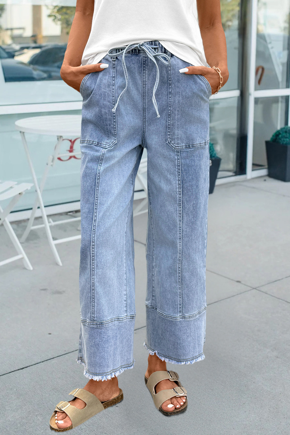 66 Drawstring Seam Detail Raw Hem Wide Leg Denim Pants