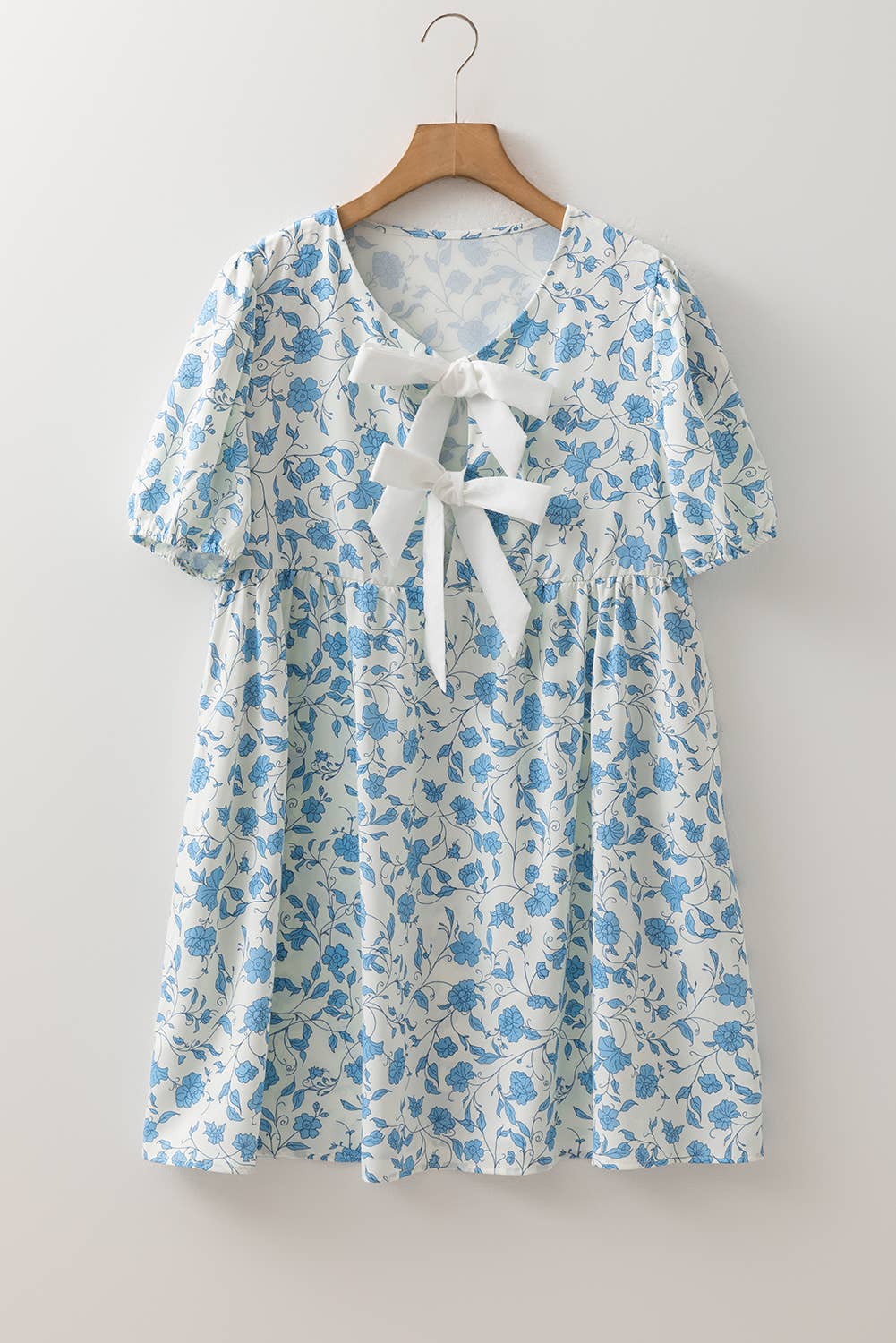 LAS Floral Contrast Bow Puff Sleeve Mini Dress (S-XL)
