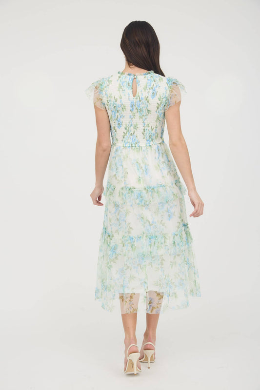 FLORAL SMOCKED RUFFLE DETAIL TIERED MAXI DRESS