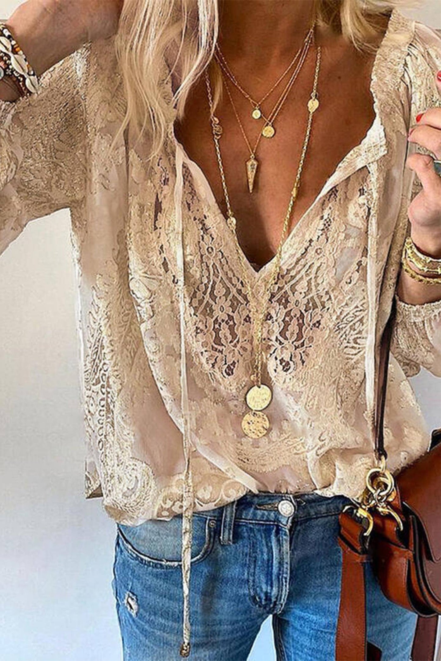 Lace Crochet V Neck Button Up Long Sleeve Blouse (S-2XL)