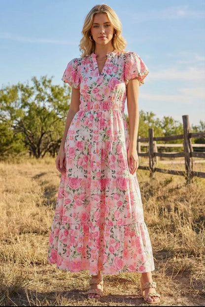 Floral V-neck puff sleeve dress