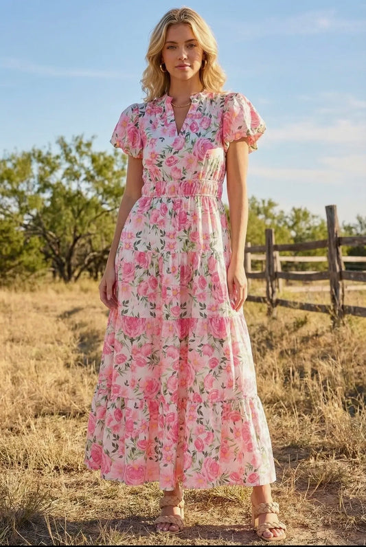 Floral V-neck puff sleeve dress