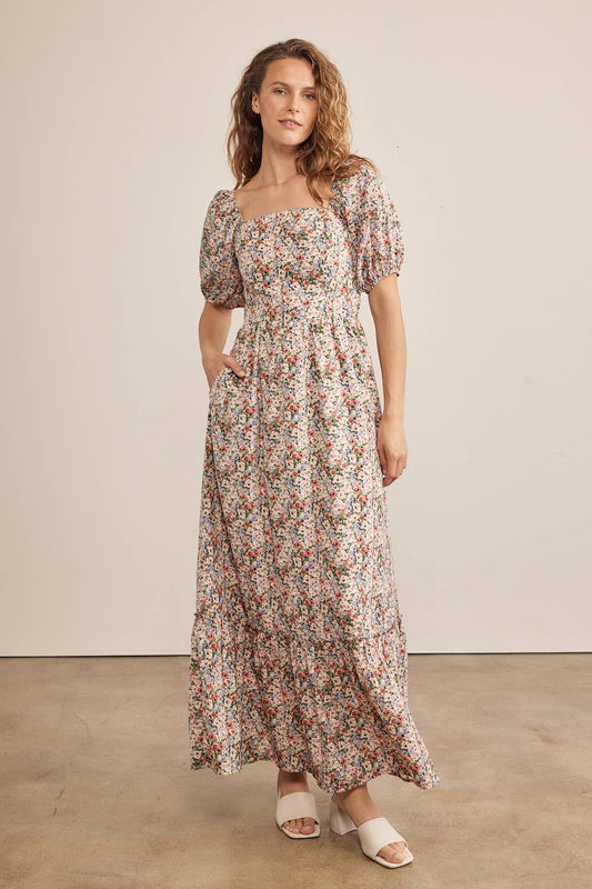 SMOCKED MIDI DRESS WITH BACK RIBBON PUFF SLEEVES