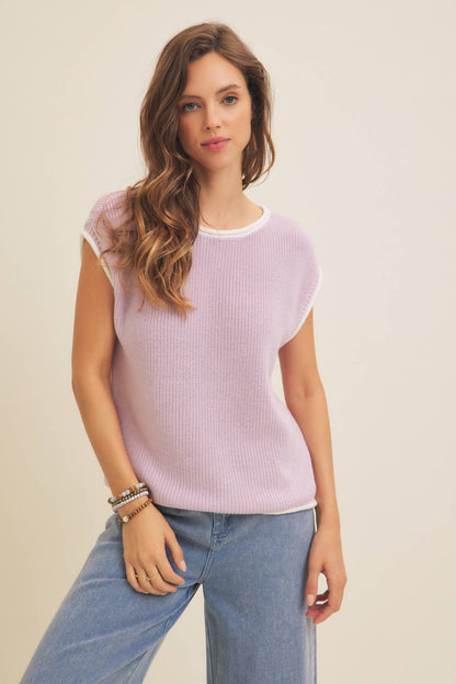 CONTRAST ROLLED EDGE KNITTED SWEATER VEST WITH ROUND NECK