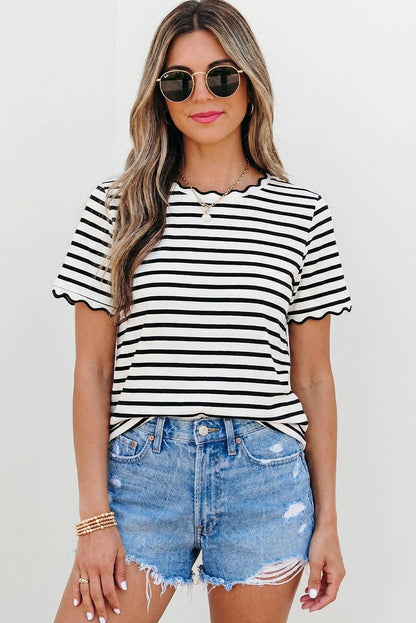 Stripe Scalloped Trim Round Neck T Shirt | S-XL Plus 1X-4X