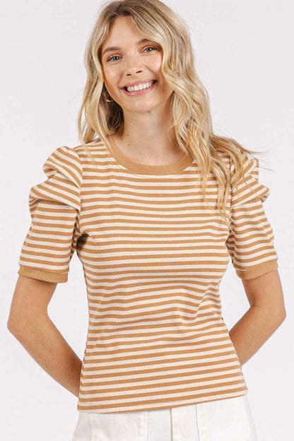 STRIPED PUFF SHOULDER SHORT SLEEVE RIB TOP