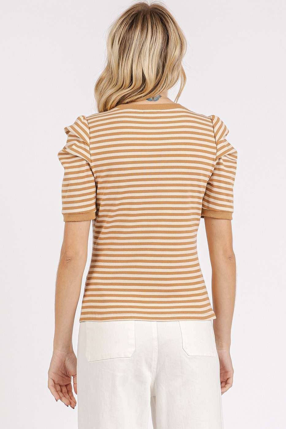 STRIPED PUFF SHOULDER SHORT SLEEVE RIB TOP