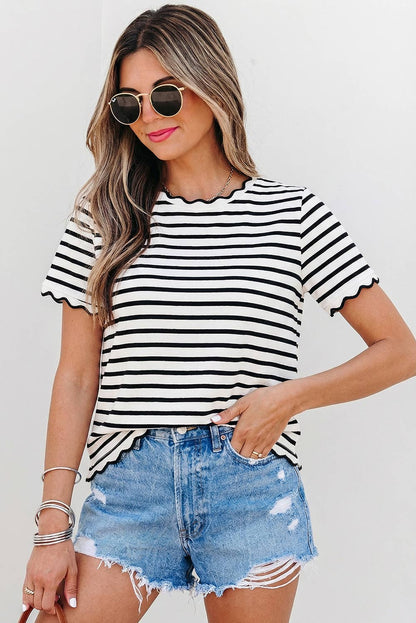 Stripe Scalloped Trim Round Neck T Shirt | S-XL Plus 1X-4X