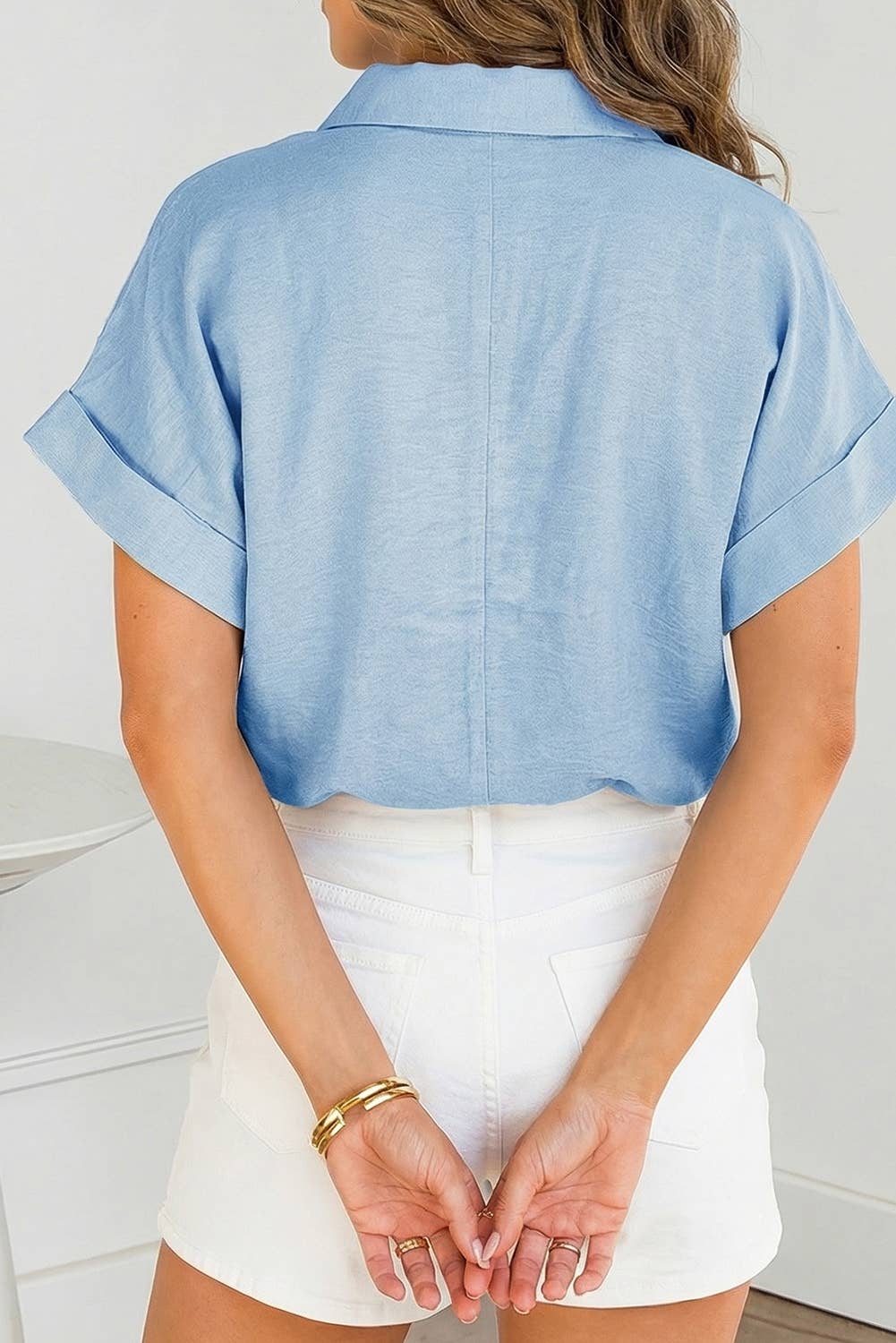 Crochet Lace Accent Pullover Rolled Short Sleeve Blouse