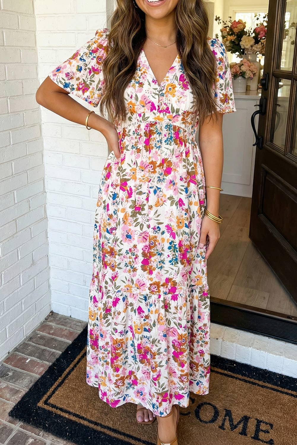 LAS Floral Short Sleeve V Neck High Waist Maxi Dress (S-XL)