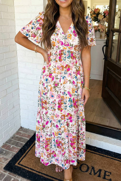 LAS Floral Short Sleeve V Neck High Waist Maxi Dress (S-XL)