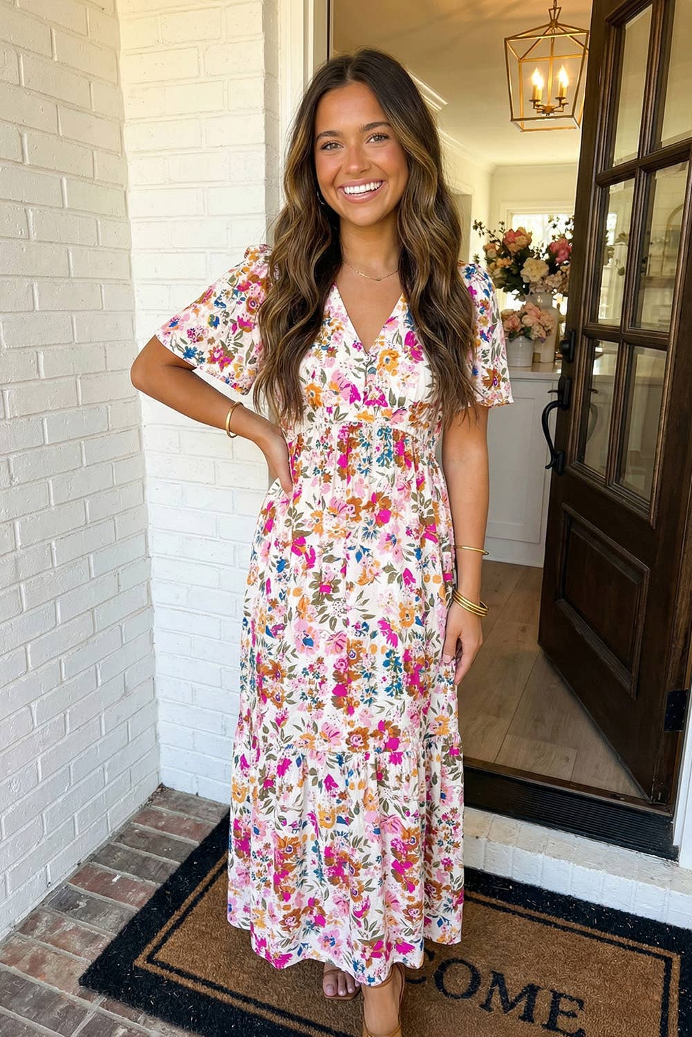 LAS Floral Short Sleeve V Neck High Waist Maxi Dress (S-XL)