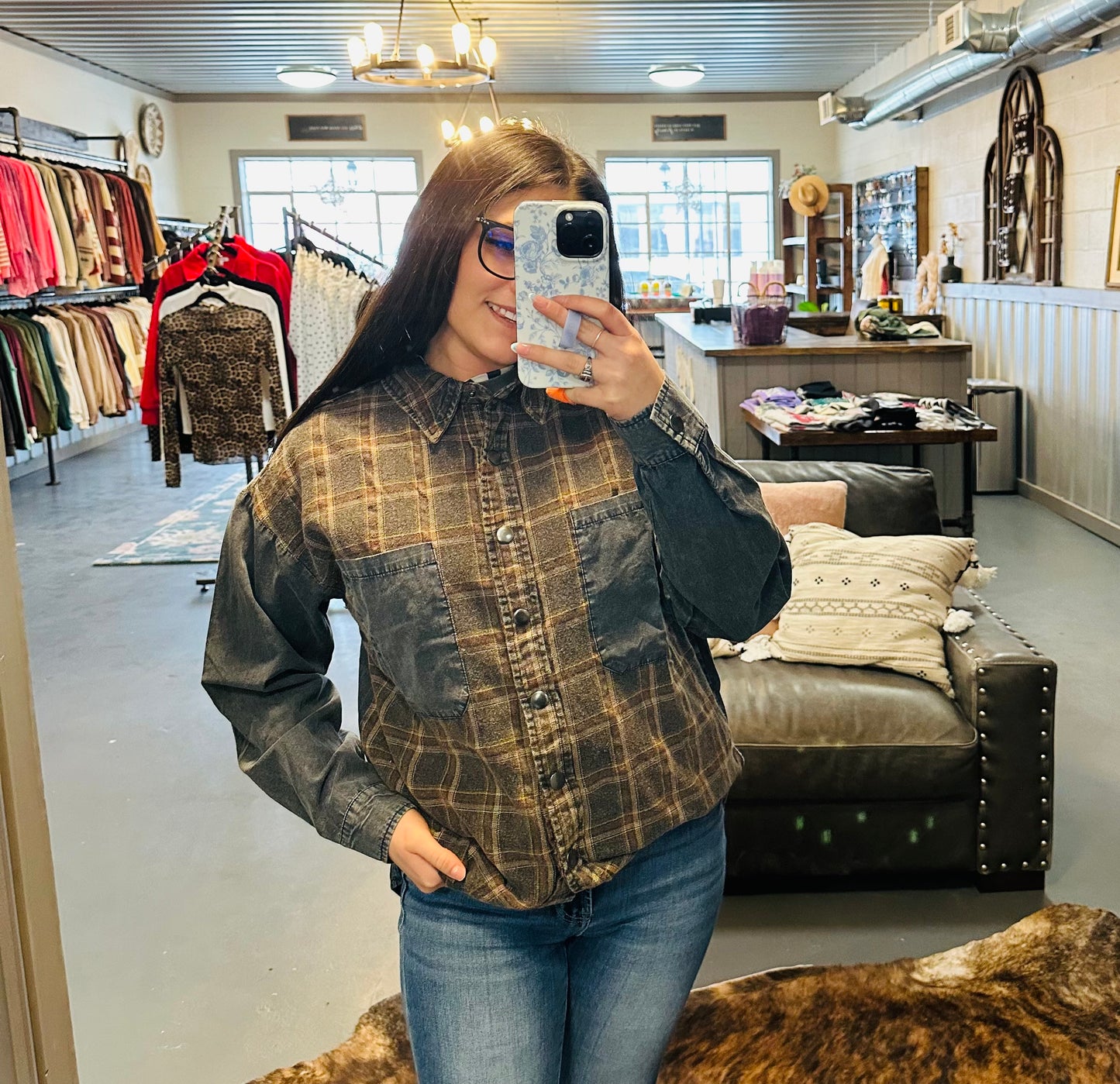 Navy Plaid Washed Button-down Shirt