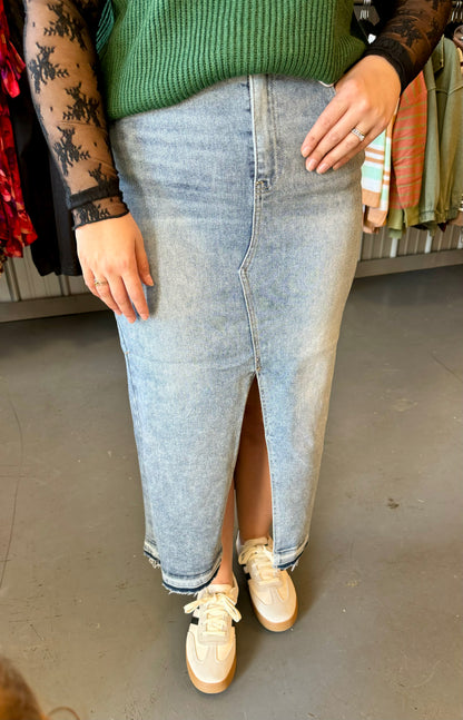 High Rise Denim Maxi Skirt