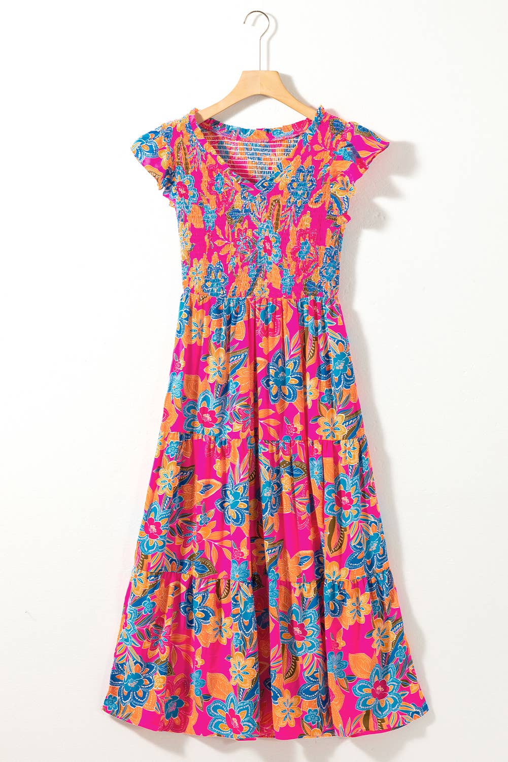 LAS Boho Floral V Neck Ruffle Tiered Dress
