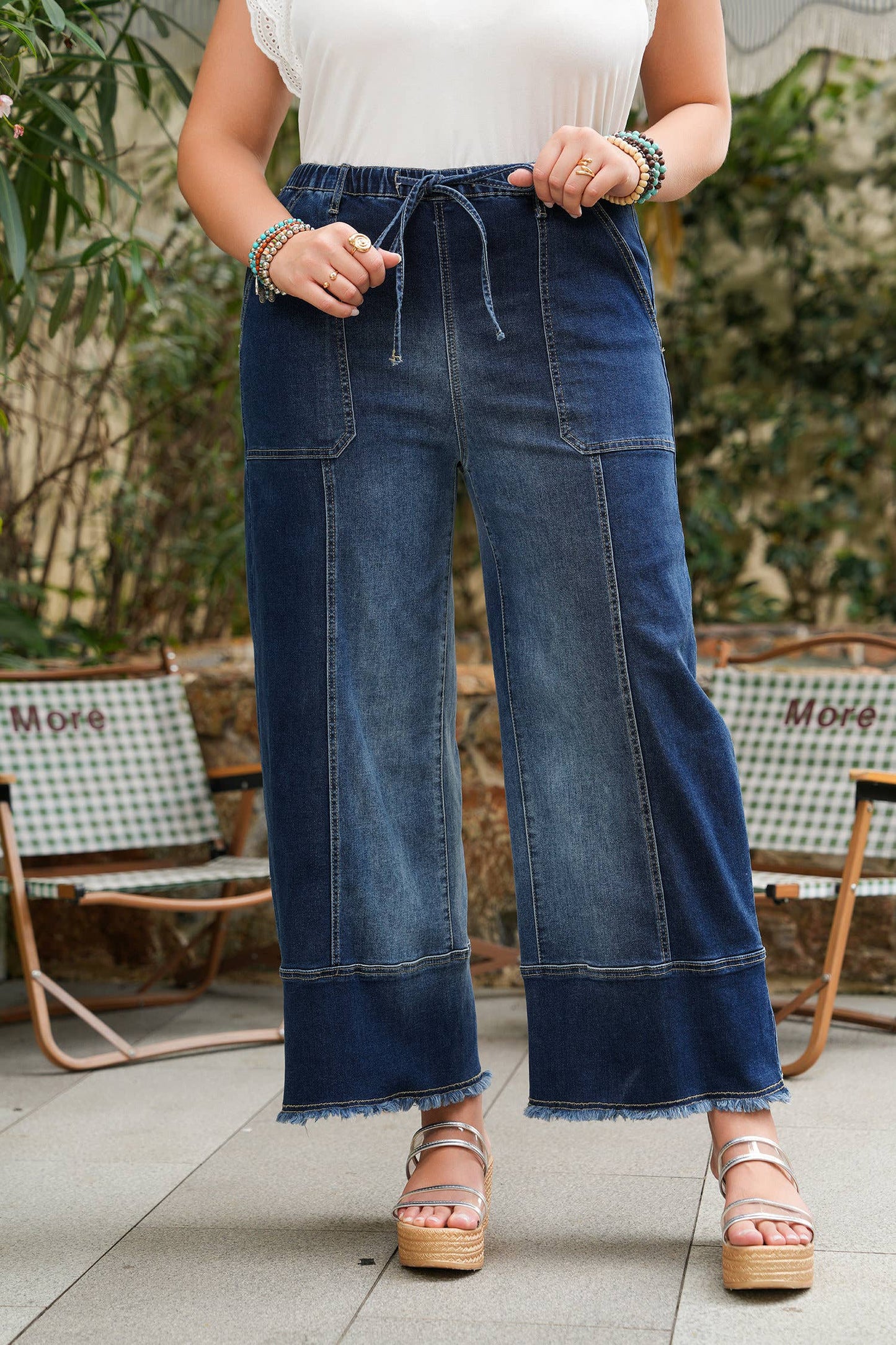 66 Drawstring Seam Detail Raw Hem Wide Leg Denim Pants