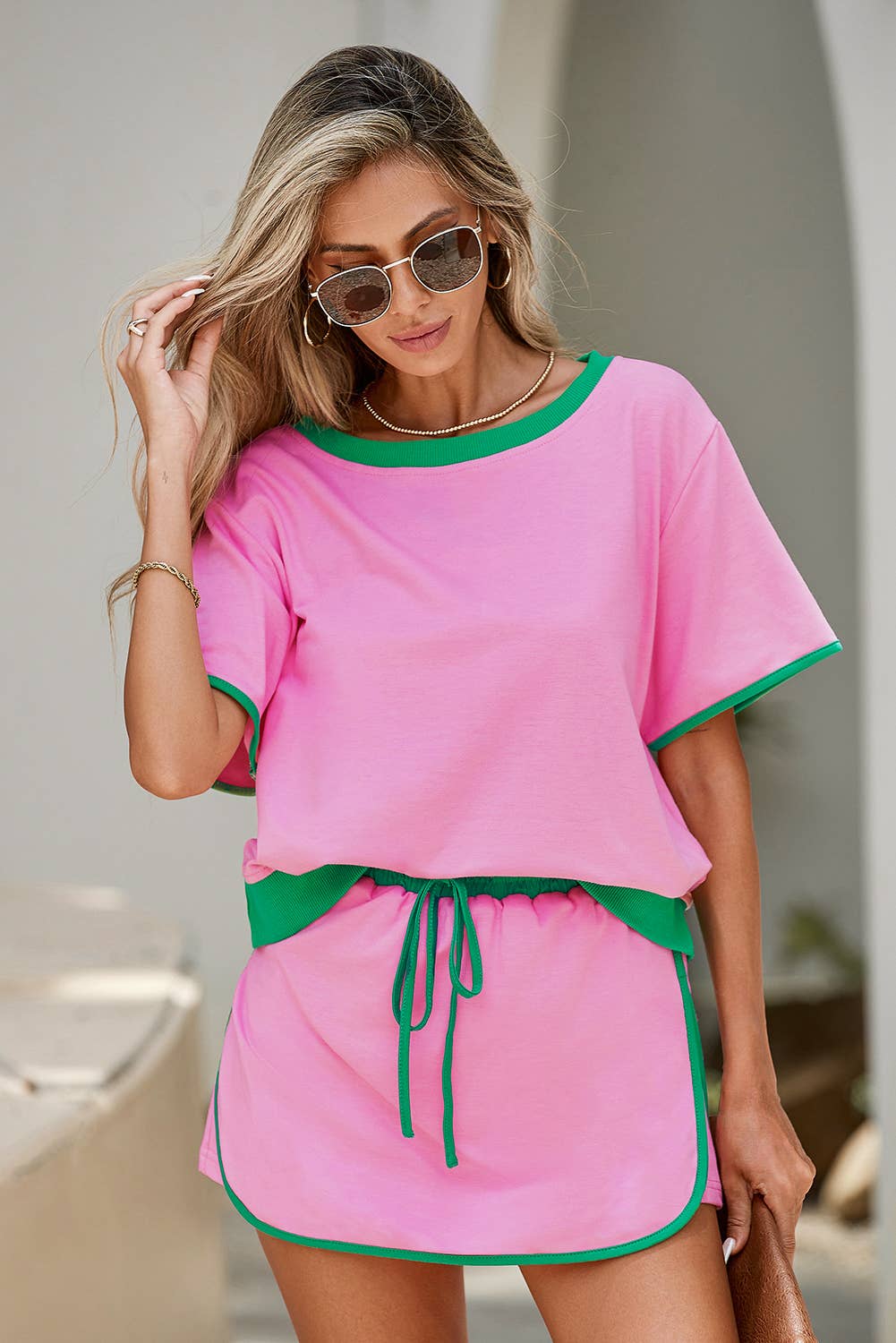 LDC Colorblock Edge Drop Shoulder T Shirt and Skirt 2Pcs Set