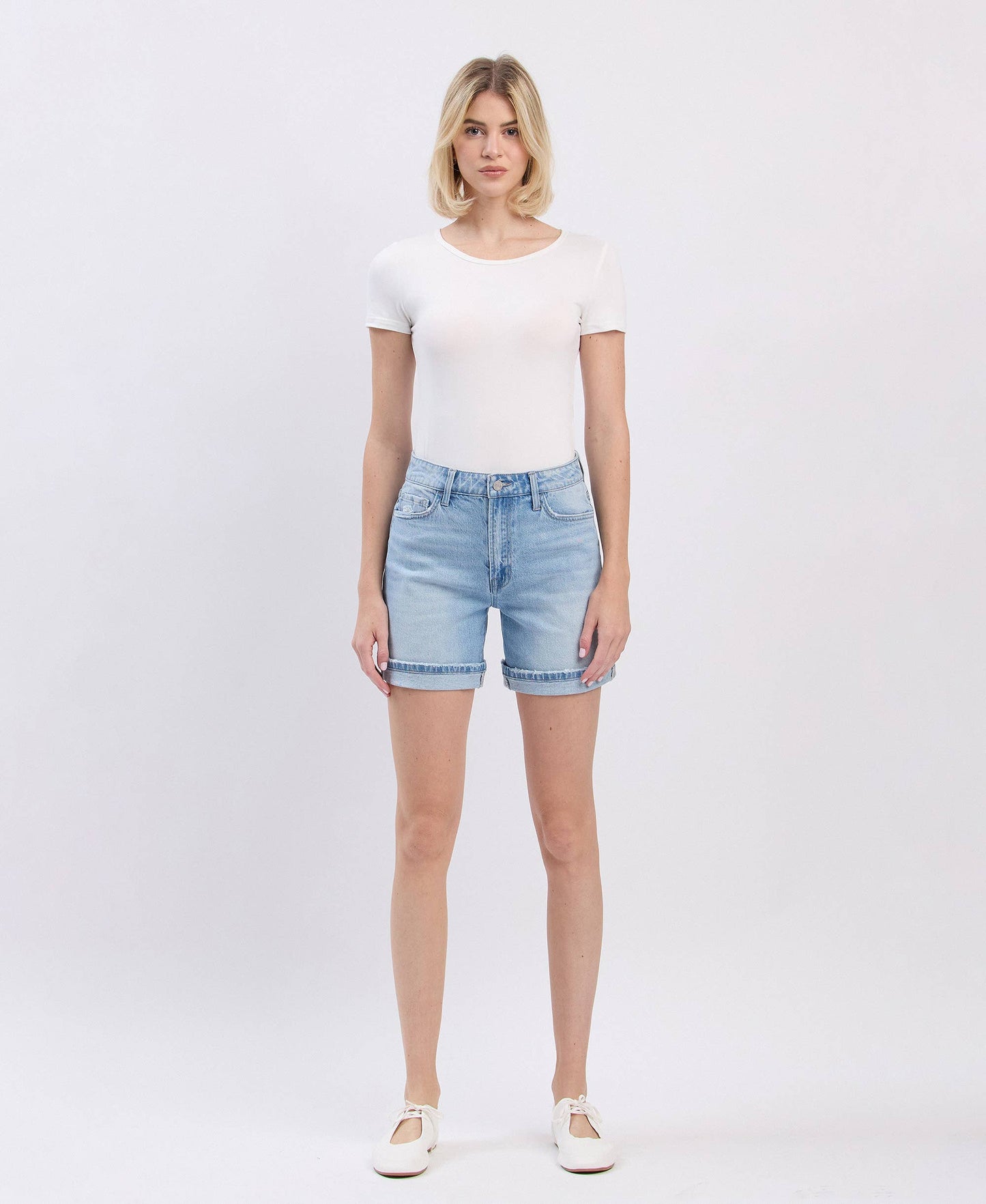 SUPER HIGH RISE MIDI DENIM SHORTS