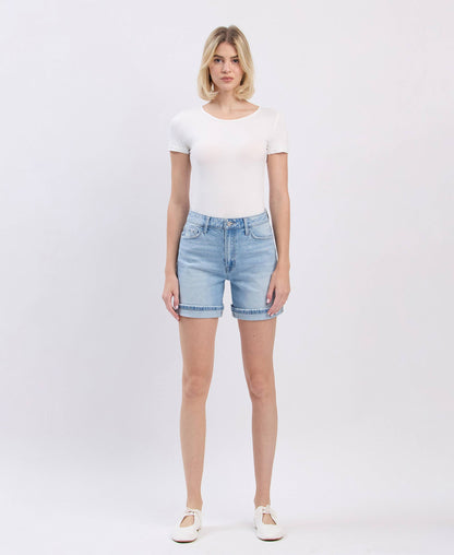SUPER HIGH RISE MIDI DENIM SHORTS
