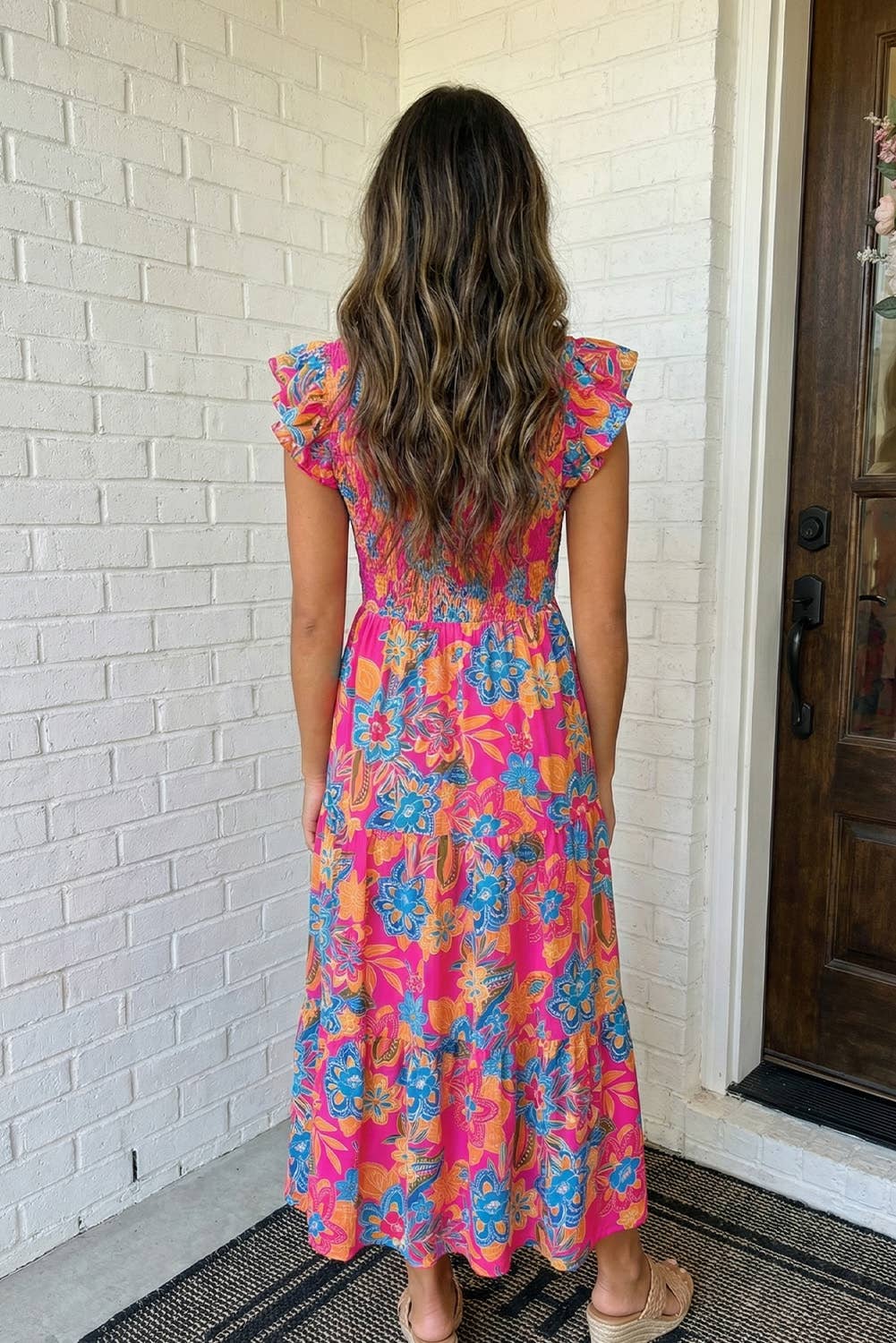LAS Boho Floral V Neck Ruffle Tiered Dress