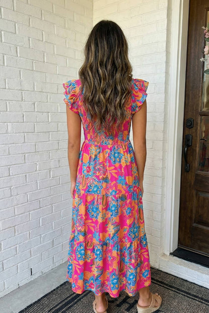 LAS Boho Floral V Neck Ruffle Tiered Dress