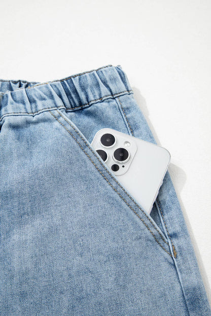 66 Drawstring Seam Detail Raw Hem Wide Leg Denim Pants