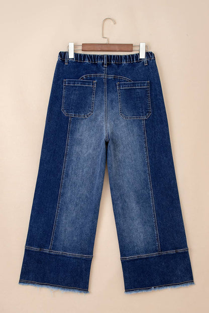 66 Drawstring Seam Detail Raw Hem Wide Leg Denim Pants