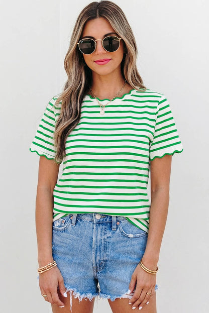 Stripe Scalloped Trim Round Neck T Shirt | S-XL Plus 1X-4X