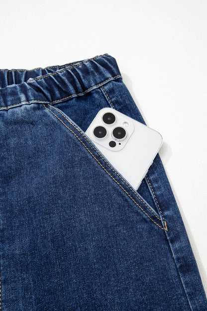 66 Drawstring Seam Detail Raw Hem Wide Leg Denim Pants