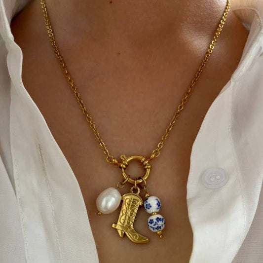 WESTERN FLORAL PORCELAIN PEARL CHARM NECKLACE