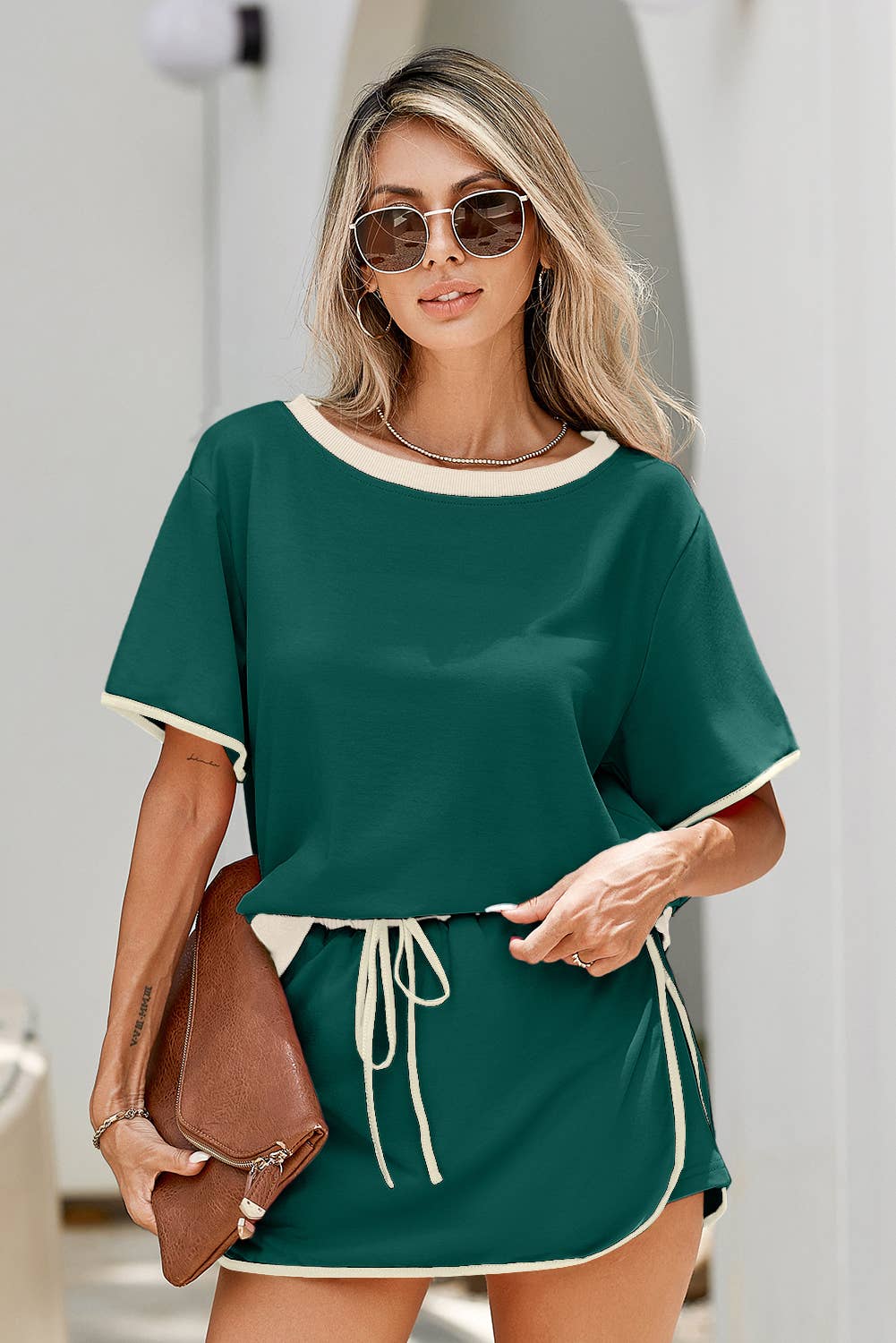 LDC Colorblock Edge Drop Shoulder T Shirt and Skirt 2Pcs Set