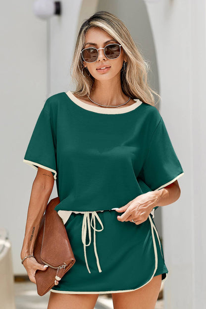 LDC Colorblock Edge Drop Shoulder T Shirt and Skirt 2Pcs Set