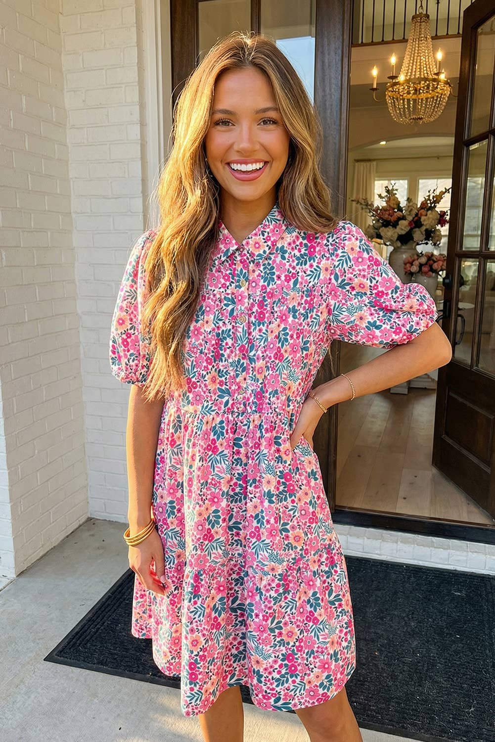 LAS Floral Collared Half Button Mini Dress
