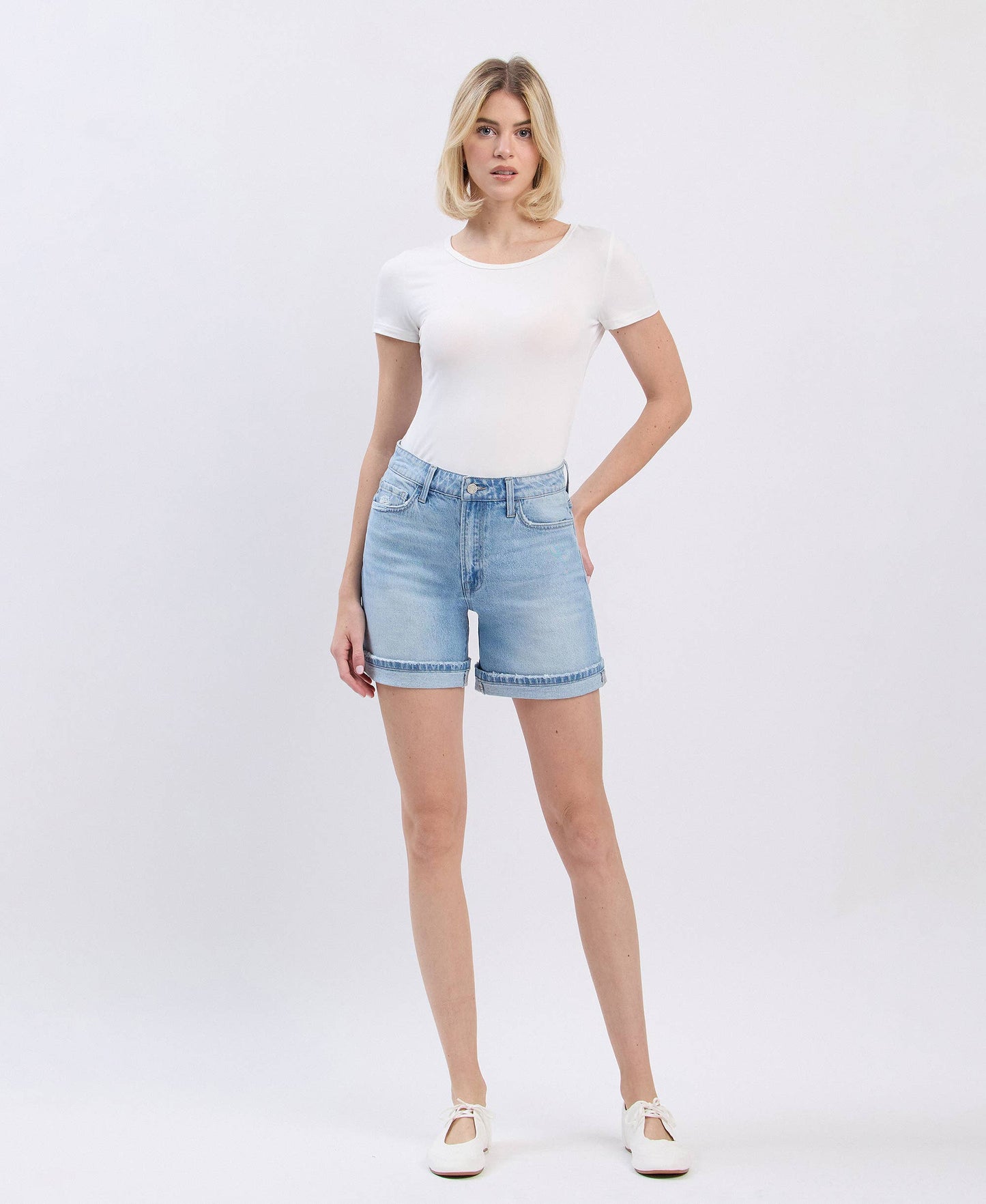 SUPER HIGH RISE MIDI DENIM SHORTS