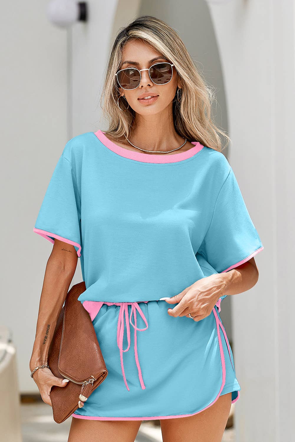LDC Colorblock Edge Drop Shoulder T Shirt and Skirt 2Pcs Set