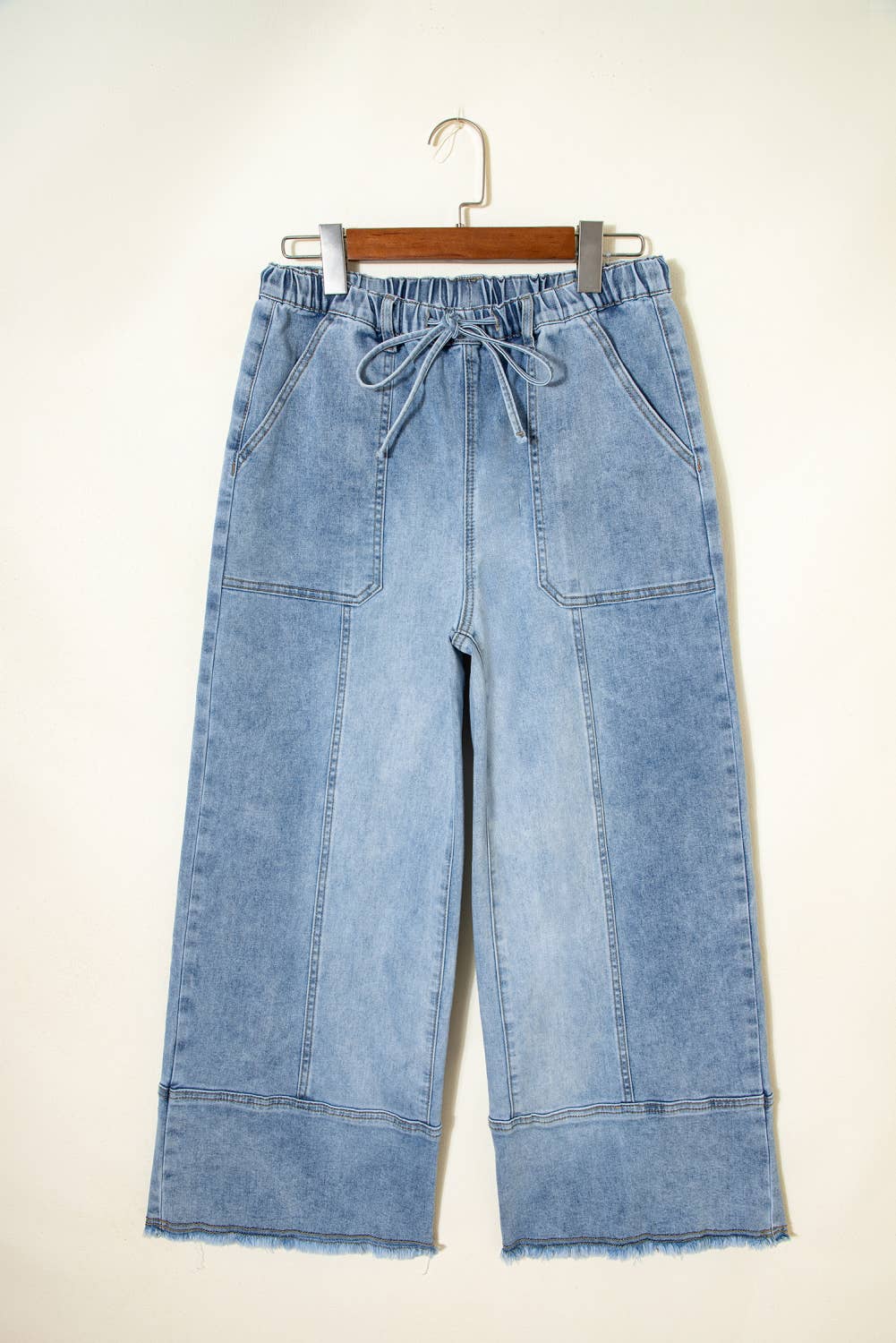 66 Drawstring Seam Detail Raw Hem Wide Leg Denim Pants