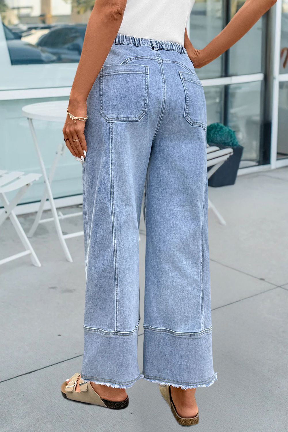66 Drawstring Seam Detail Raw Hem Wide Leg Denim Pants