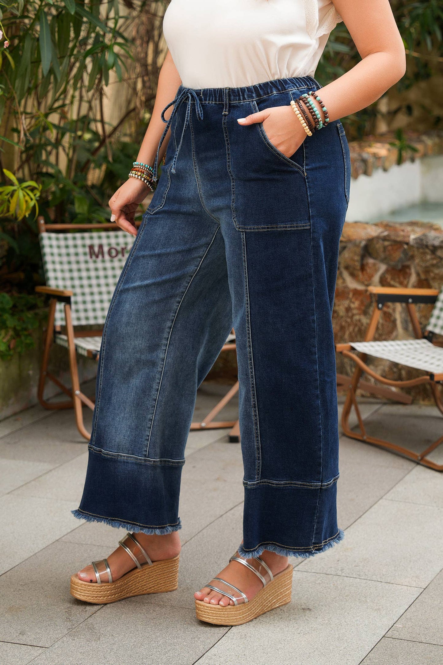 66 Drawstring Seam Detail Raw Hem Wide Leg Denim Pants