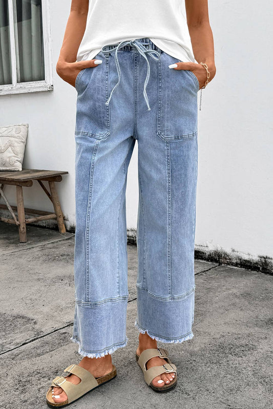 Seam Detail Raw Hem Wide Leg Drawstring Jeans | 4-16