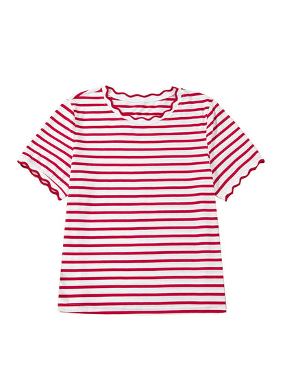 Stripe Scalloped Trim Round Neck T Shirt | S-XL Plus 1X-4X