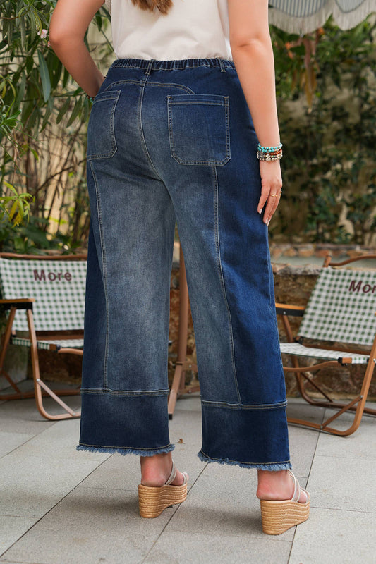 66 Drawstring Seam Detail Raw Hem Wide Leg Denim Pants