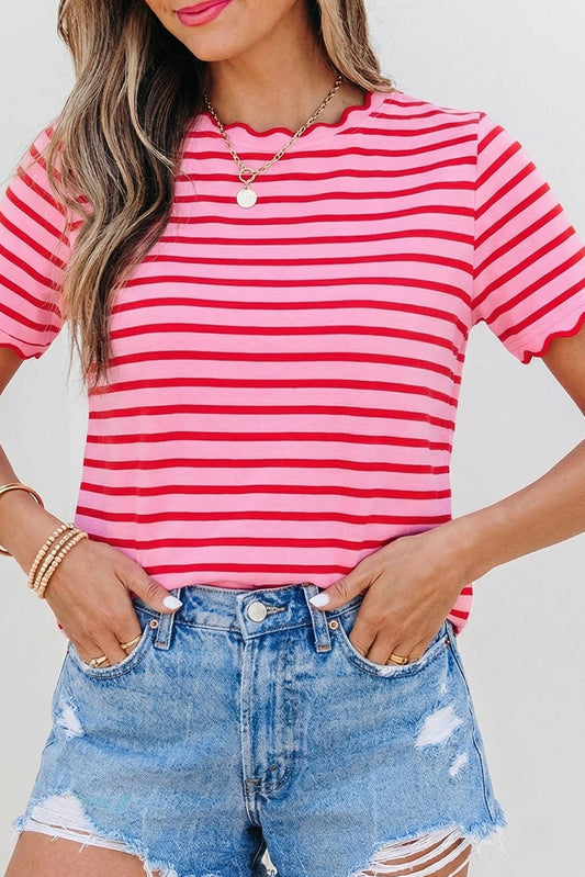 Stripe Scalloped Trim Round Neck T Shirt | S-XL Plus 1X-4X