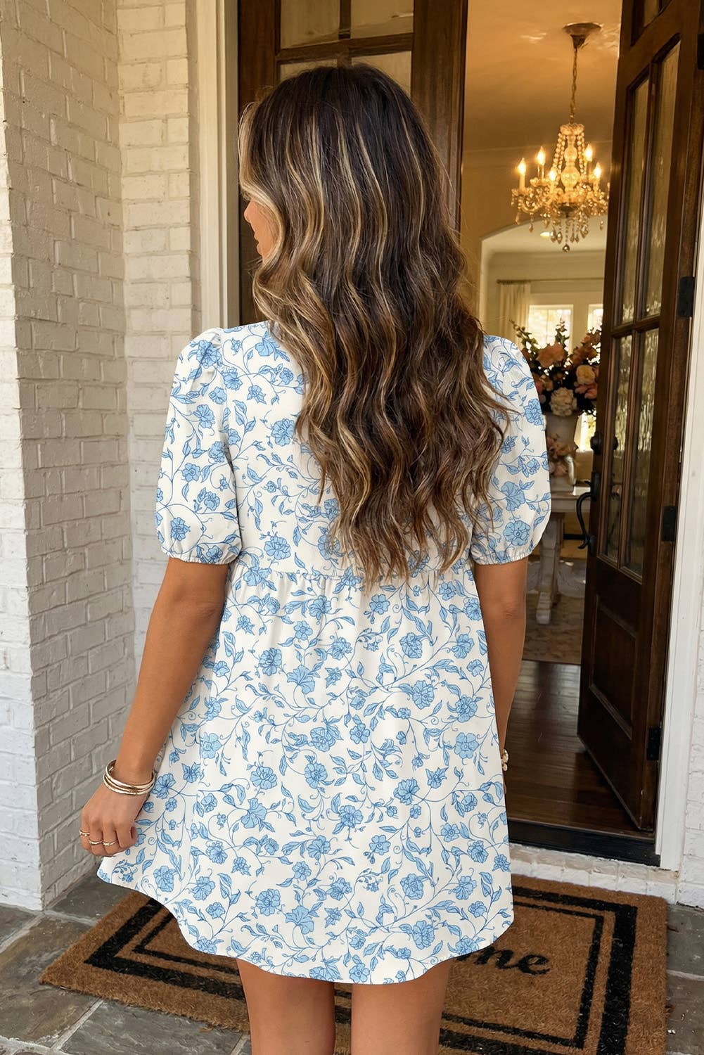 LAS Floral Contrast Bow Puff Sleeve Mini Dress (S-XL)